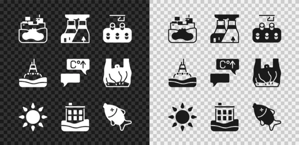 Set Wrackteile Öltankschiff, Kernkraftwerk, Entwaldung, Sonne, Hausflut, Tote Fische, Schwimmboje das Meer und globale Erwärmung Symbol. Vektor — Stockvektor