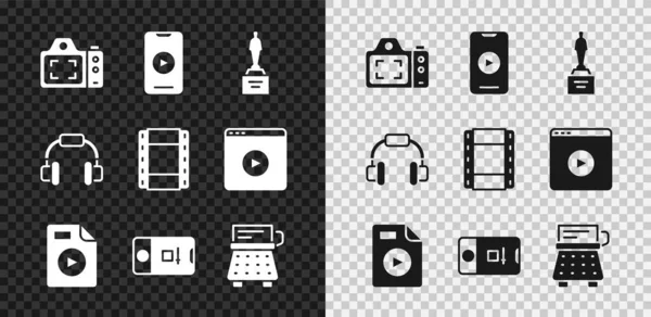 Set Photo camera, Online play video, Movie trophy, AVI file document, and shooting, Retro typewriter, Headphones and Play Video icon. Vector — Stock Vector