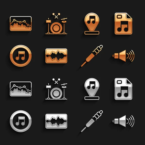 뮤직 웨이브 equalizer, MP3 파일 문서, 스피커 볼륨, 오디오 잭, 노트, 톤, 드럼 아이콘을 설정 한다. Vector — 스톡 벡터