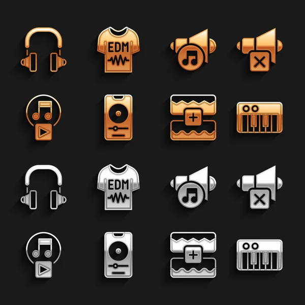 Set Music player, Reproduktor ztlumení, syntezátor, wave ekvalizér, Play in square, hlasitost, Sluchátka a T-shirt icon. Vektor — Stockový vektor