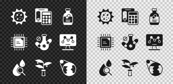 Set Virus, Calculatrice, Flacon de médicament et pilules, Loupe tombante, amélioration des plantes, globe terrestre, processeur CPU et icône. Vecteur — Image vectorielle