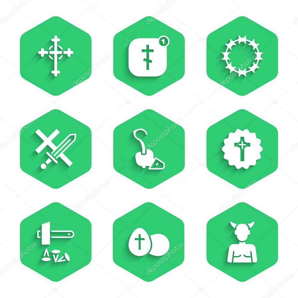 Set Magic staff, Easter egg, Krampus, heck, Christian cross, Crucifixion of Jesus, Crusade, Crown thorns and icon. Vector