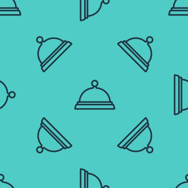 Yeşil arka planda izole edilmiş bir tepsi yiyecek ikonu ile kaplı siyah çizgi. Tepsi ve kapak işareti. Kapaklı bir restoran saati. Vektör