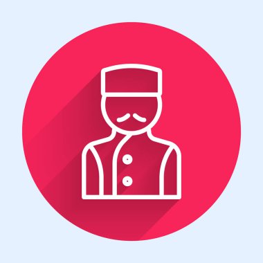 Beyaz çizgi Concierge simgesi uzun gölge arkaplanı ile izole edildi. Kırmızı daire düğmesi. Vektör