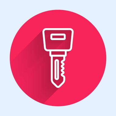 Beyaz Hat Otel kapı kilidi anahtar simgesi uzun gölge arkaplan izole. Kırmızı daire düğmesi. Vektör