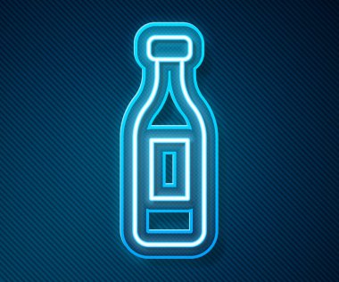 Parlayan neon hattı mavi arka planda izole edilmiş su ikonu. Soda su içme tabelası. Vektör