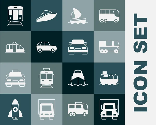 Set Levering vrachtwagen, Olietanker schip, Bus, Jachtzeilboot, Auto, Tram en trein, Trein en pictogram. Vector — Stockvector