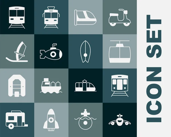 Set ícone de avião, trem e ferrovia, teleférico, submarino, windsurf e prancha de surf. Vetor —  Vetores de Stock