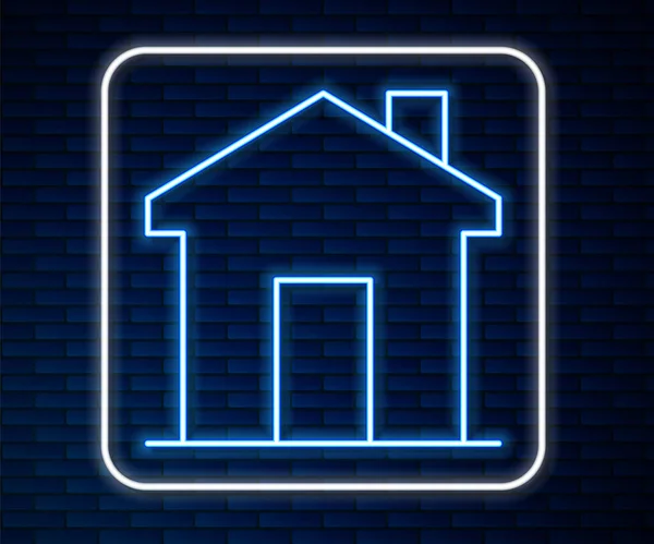 Gloeiende neon lijn House icoon geïsoleerd op bakstenen muur achtergrond. Makelaarskantoor of cottage town elite klasse. Vector — Stockvector