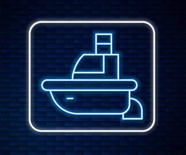 Ragyogó neon vonal Toy hajó ikon elszigetelt téglafal háttér. Vektor — Stock Vector