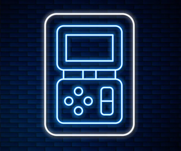 Glödande neon line Bärbar tetris elektronik spel ikon isolerad på tegel vägg bakgrund. Vintage stil ficka tegel spel. Interaktiv spelenhet. Vektor — Stock vektor
