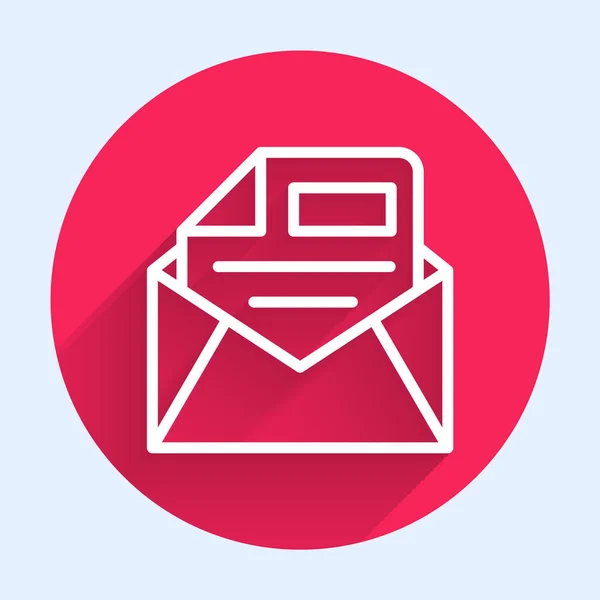 Ligne blanche Icône Mail et e-mail isolée avec un fond d'ombre long. E-mail du symbole de l'enveloppe. Signe de message électronique. Bouton rouge. Vecteur — Image vectorielle