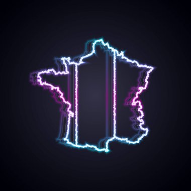 Parlayan neon hattı Fransa haritası simgesi siyah arkaplanda izole edildi. Vektör