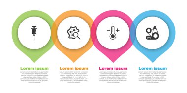 Şırıngayı, mikroorganizmaları büyüteç, termometre ve zamanlayıcı ayarlayın. Ticari bilgi şablonu. Vektör