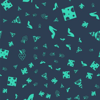 Set Kadını Ayakkabısı, Peynir, Üzüm Meyvesi ve Müze Binası, kusursuz desenli. Vektör