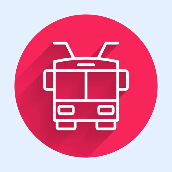 Weiße Linie Trolleybus-Symbol isoliert mit langem Schatten Hintergrund. Symbol für den öffentlichen Nahverkehr. Roter Kreis Knopf. Vektor — Stockvektor