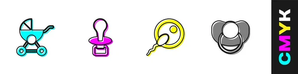 Set cochecito de bebé, chupete maniquí, esperma e icono. Vector — Archivo Imágenes Vectoriales