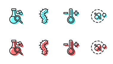 Hat termometresini, test tüpünü, virüsü ve atom simgesini ayarla. Vektör