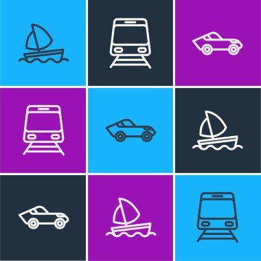 Yat yatı, araba, tren ve demiryolu ikonu. Vektör