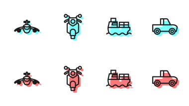Kargo gemisine kutu teslimatı, uçak, scooter ve kamyonet ikonu koyun. Vektör
