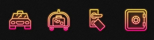 Dijital kapı kilidi, taksi arabası, otel bagaj arabası ve kasa ayarlayın. Parlayan neon ikonu. Vektör — Stok Vektör