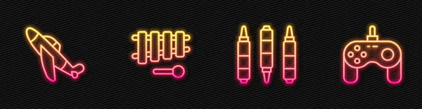 Çizgi kalemi, oyuncak uçak, ksilofon ve oyun platformu ayarlayın. Parlayan neon ikonu. Vektör — Stok Vektör