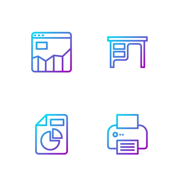 Set line Printer, Document with graph chart, Graph infographic and Office desk. Gradient color icons. Vector — Stock Vector