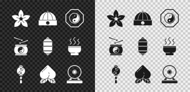 Lotus çiçeği, Çin şapkası, Yin Yang, Şeftali meyvesi, Gong, davul ve kağıt fener ikonu. Vektör