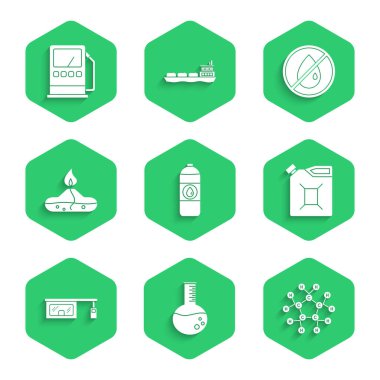 Motor yağı, petrol test tüpü, molekül, benzin, benzin, benzin, benzin doldurma istasyonu, alkol ruh yakıcı, damla yok ve benzin ikonu ayarlayın. Vektör