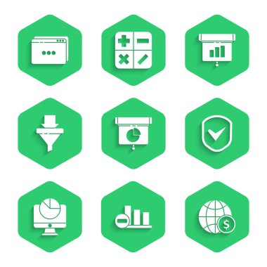 Grafik, grafik, diyagram, Infographic, Pie, Earth globe with dollar, Shield check mark, Computer Monitör, Sales huni okları ve web sitesi şablon ikonu ayarlayın. Vektör