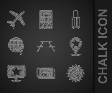Set Picnic table with benches, Travel ticket, Sun, Map pointer star, Globe flying plane, Suitcase and Plane icon. Vector vector