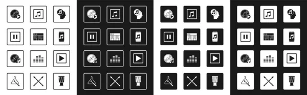 Set Note musicale dans la tête humaine, synthétiseur, bouton Pause, disque vinyle, lecteur, note, ton, carré Play et icône. Vecteur — Image vectorielle