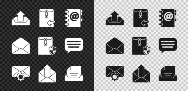 Set Upload inbox, Envelope, Address book, setting, Outgoing mail, Drawer with document, and shield icon. Vector — Stock Vector