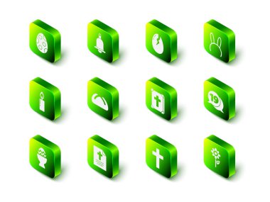 Zil, kırık yumurta, uzun tavşan kulaklı maske, konuşma balonu mutlu paskalya, çiçek, kutsal İncil kitabı, Hıristiyan haçı ve mutlu paskalya ikonu. Vektör