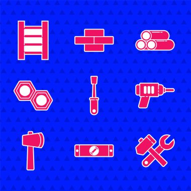 Tornavida, inşaat balonu seviyesi, çekiç ve anahtar anahtarı, elektrikli matkap, tahta balta, altıgen metal fındık, endüstriyel metalik boru ve merdiven ikonu. Vektör