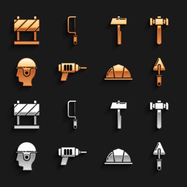 Elektrikli matkap, Çekiç, Trowel, İşçi kaskı, Yol bariyeri ve Demir Testere simgesini hazırlayın. Vektör