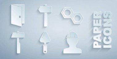 Trowel, Altıgen metal ceviz, Çekiç, İşçi kaskı ve kapalı kapı simgesi. Vektör