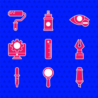 Cetvel, büyüteç, fosforlu kalem, çeşme ucu, Pipette, bilgisayar monitörü ve teçhizatı, kırmızı göz efekti ve boya fırçası ikonu. Vektör