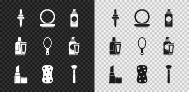 Pipette 'i, aynalı makyaj tozunu saç spreyi, ruj, sünger köpüğü, fırça, krem losyon kozmetik tüpü ve el ikonu için sprey kutusu hazırla. Vektör