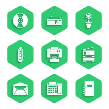 Yazıcı, Telefon, Spiral defter, Zarf, Kırtasiye bıçağı, Çiçek saksısı ve CD veya DVD disk simgesi ayarla. Vektör