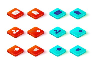 Pamuk şeker, ızgara şiş kebap, tavuk nugget, lolipop, kutuda ve Poşet veya paket patates cipsi ikonu. Vektör