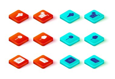 Hard bread chucks krakerleri, tavuk nuggetları kutuda, lolipop, pamuk şeker, kokteyl ve dondurma külahı ikonu. Vektör