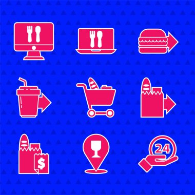 Alışveriş arabası, yiyecek, alkol ya da bira barı mekanı, 24 saat saat saat saat, online teslimat siparişi, paket kahve fincanı, hamburger ve ikon. Vektör