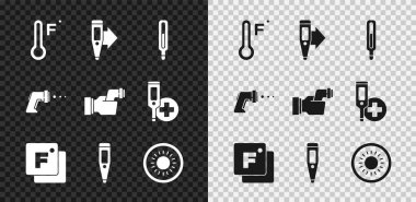Meteoroloji termometresini, Dijital, Tıbbi, Fahrenheit, Güneş ve vücut sıcaklığı ikonunu ayarla. Vektör