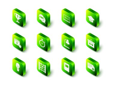 Alfabe, tebeşir tahtası, mezuniyet şapkası, sertifika şablonu, masa lambası, kitap ve abaküs simgesi ayarla. Vektör