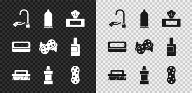 Ellerini sabunla, prezervatifle, ıslak mendille, temizlik için fırçayla, şişe ajansıyla, süngerle, çubukla ve ikonla yıka. Vektör