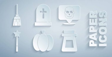 Balkabağı, Kurukafa, Sihirli değnek, iksirli şişe, Tombstone haçı ve cadı süpürgesi ikonu. Vektör