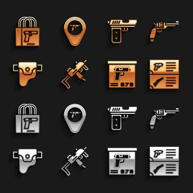 MP9I hafif makineli tüfek, Revolver, silah kataloğu, askeri mühimmat kutusu, silah kılıfı, tabanca, tabanca ve silah ikonlu konum ayarlayın. Vektör
