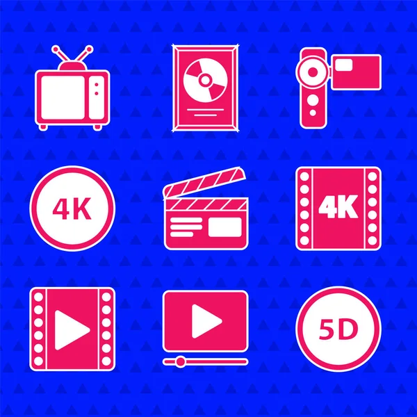 Set Movie clapper, Online play video, 5d virtual reality, 4k movie, tape, frame, Play Video, Ultra HD, Cinema Kamera und Retro tv icon. Vektor — Stockvektor