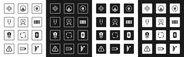 Set Stecker, Transformator, Audio-Buchse, Prozessor mit Mikroschaltung CPU, Steckdose, Ampere-Meter, Multimeter, Voltmeter, Lichtschalter und Symbol. Vektor — Stockvektor